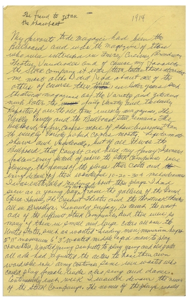 Moe Howard's Handwritten Manuscript Page When Writing His Autobiography -- Moe's Early Days in Show Business, ''I was enthralled reading about the plays'' -- Single 8'' x 12.5'' Page